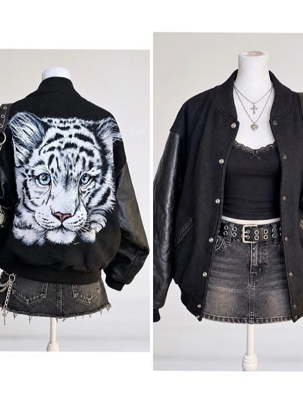 Vintage Steer Brand White Tiger Varsity Jacket Size L Leather Sleeve Bomber